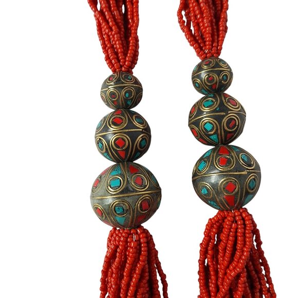 Tribal Boho Necklace Red Seed Bead Vintage Brass - Picture 2 of 5